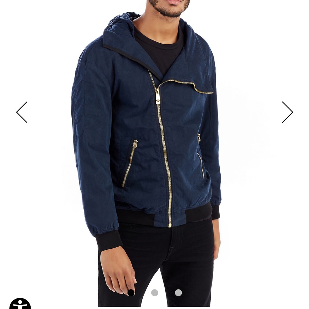 Navy Blue True Religion Waxed Cotton Hooded Jacket